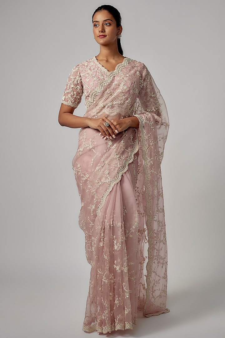 Powder Pink Organza Embroidered Saree Set by COUTURE BY NIHARIKA