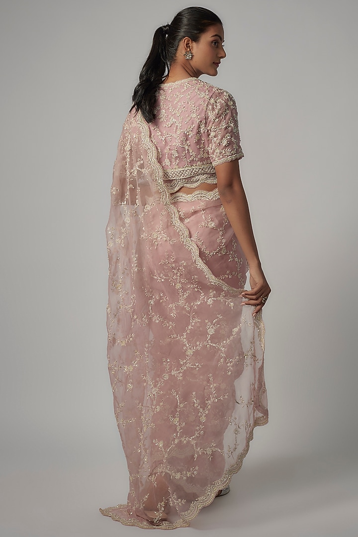Powder Pink Organza Embroidered Reception Saree Set by COUTURE BY NIHARIKA at Pernia's Pop Up Shop