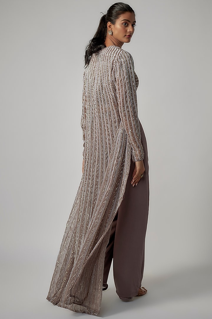 Grey Net & Viscose Sequins Embroidered Jacket Set by COUTURE BY NIHARIKA at Pernia's Pop Up Shop