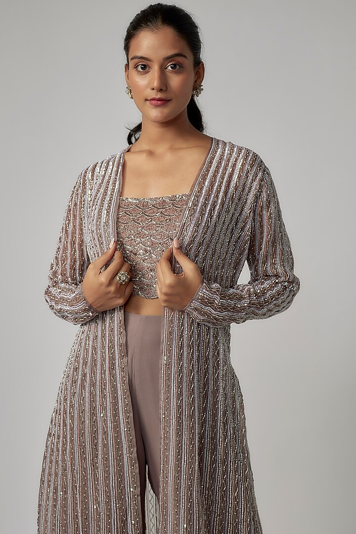Grey Net & Viscose Sequins Embroidered Jacket Set by COUTURE BY NIHARIKA at Pernia's Pop Up Shop