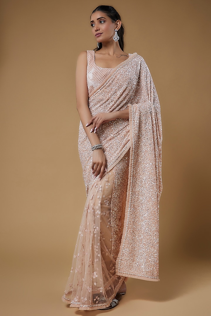 Peach Viscose & Net Embroidered Saree Set by COUTURE BY NIHARIKA