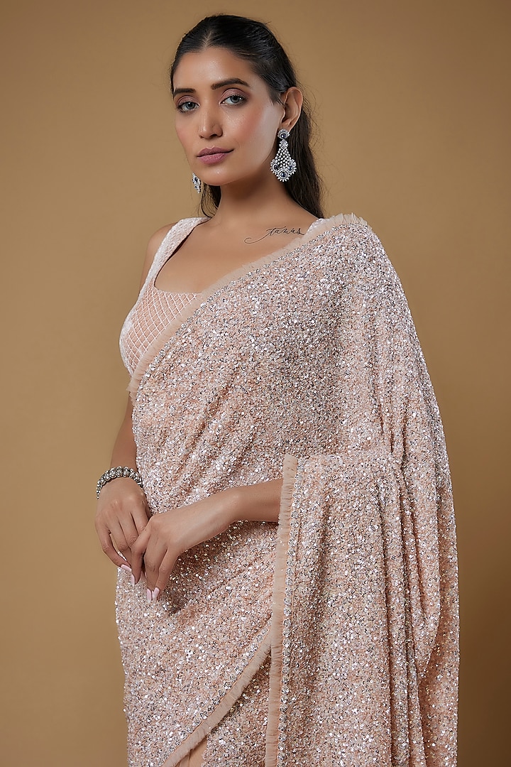 Peach Viscose & Net Embroidered Reception Saree Set by COUTURE BY NIHARIKA at Pernia's Pop Up Shop