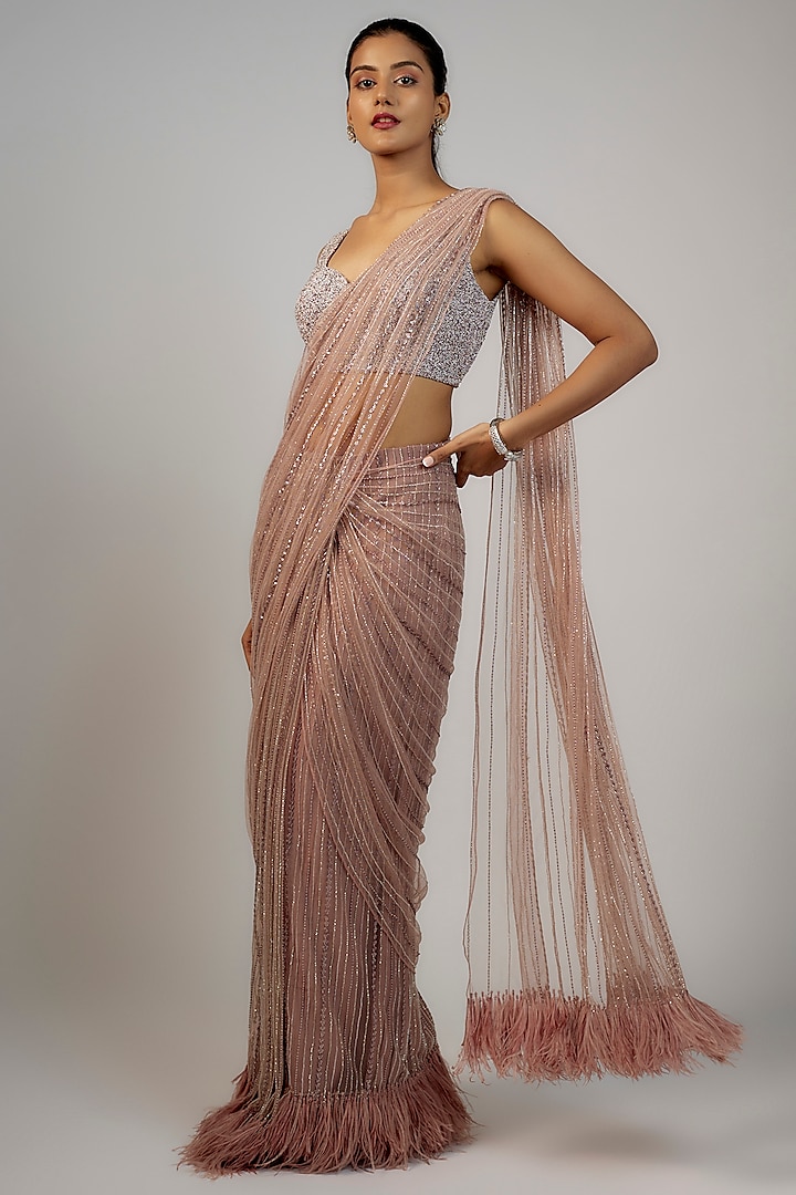 Dusty Purple Viscose Feather Embellished Saree Set by COUTURE BY NIHARIKA at Pernia's Pop Up Shop