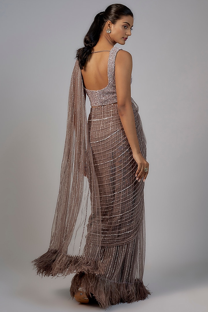 Brown Net & Viscose Embellished Reception Saree Set by COUTURE BY NIHARIKA at Pernia's Pop Up Shop