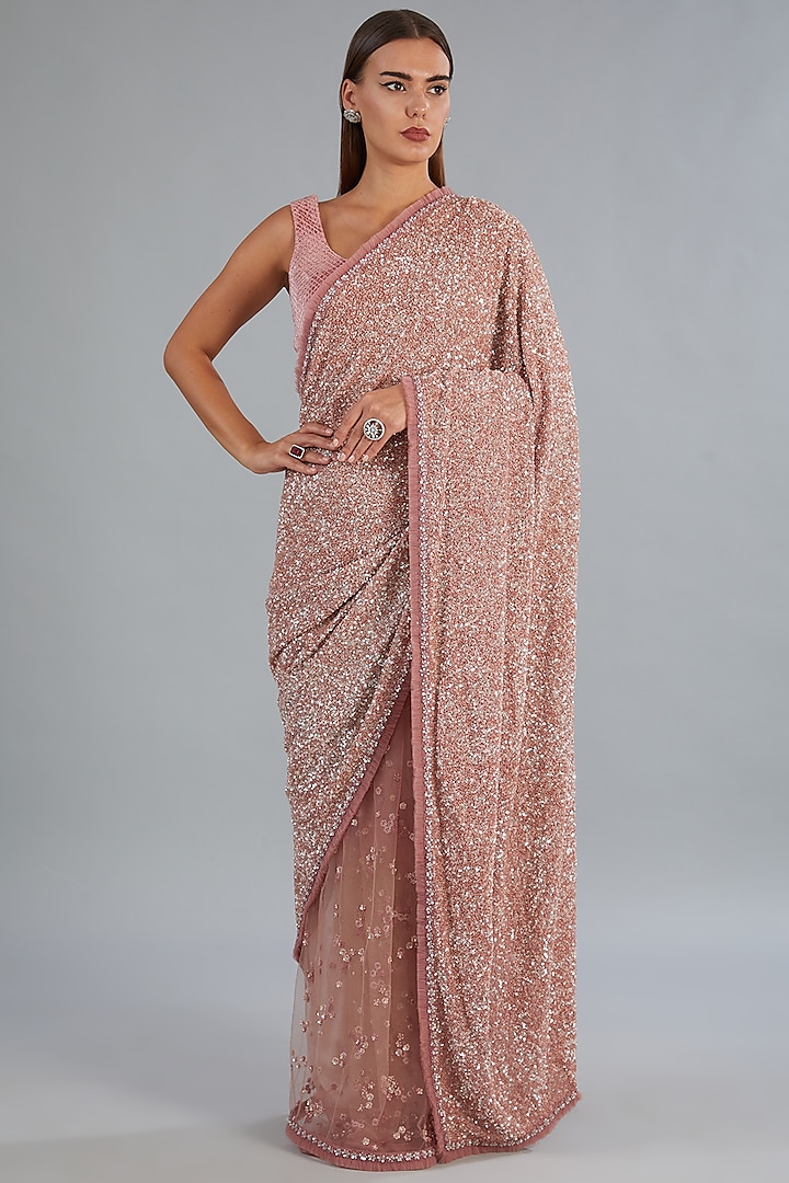 Blush Pink Net & Viscose Motifs Embroidered Saree Set by COUTURE BY NIHARIKA at Pernia's Pop Up Shop