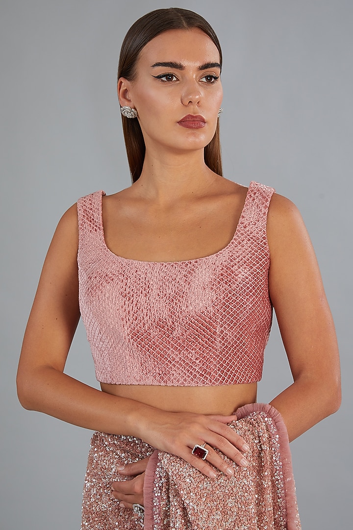 Blush Pink Net & Viscose Motifs Embroidered Reception Saree Set by COUTURE BY NIHARIKA at Pernia's Pop Up Shop
