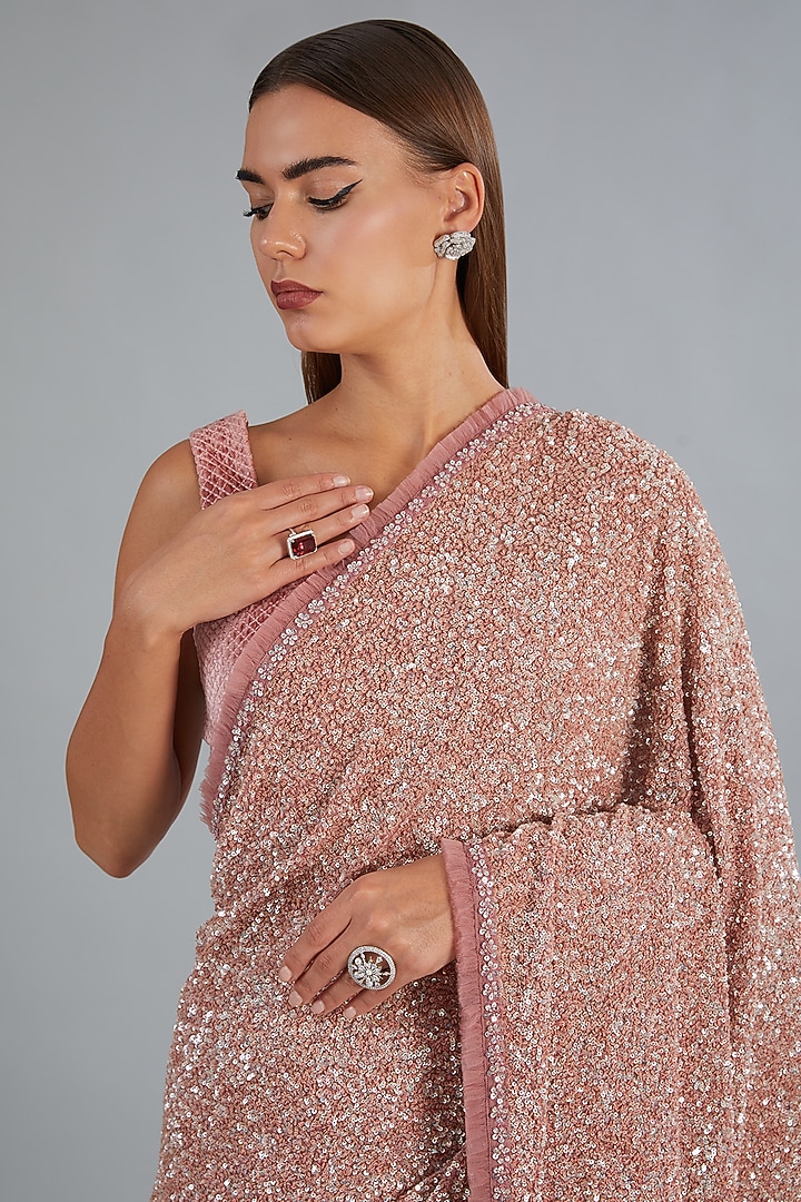 Blush Pink Net & Viscose Motifs Embroidered Reception Saree Set by COUTURE BY NIHARIKA at Pernia's Pop Up Shop