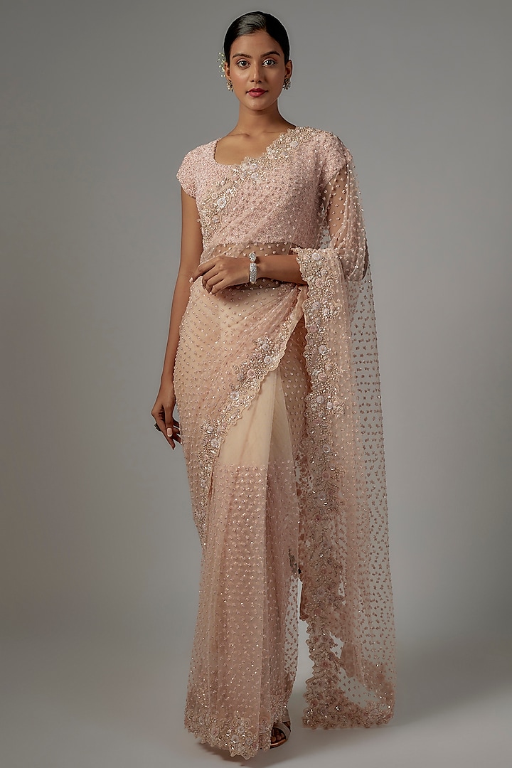 Peach Net & Viscose Embroidered Saree Set by COUTURE BY NIHARIKA