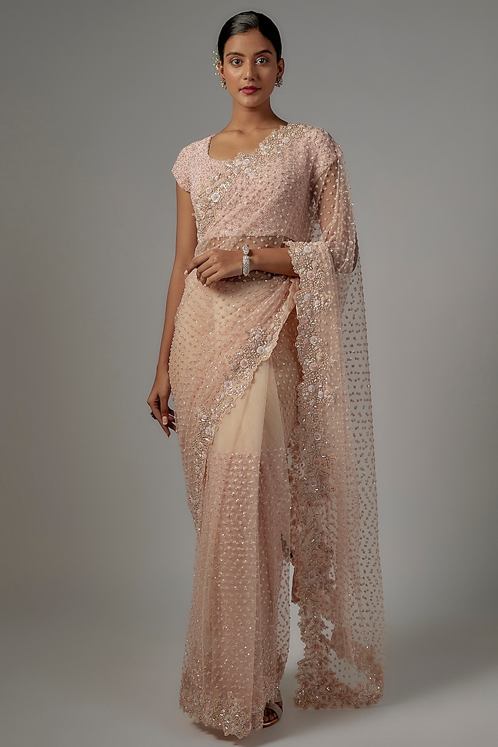 Peach Net & Viscose Embroidered Saree Set by COUTURE BY NIHARIKA at Pernia's Pop Up Shop