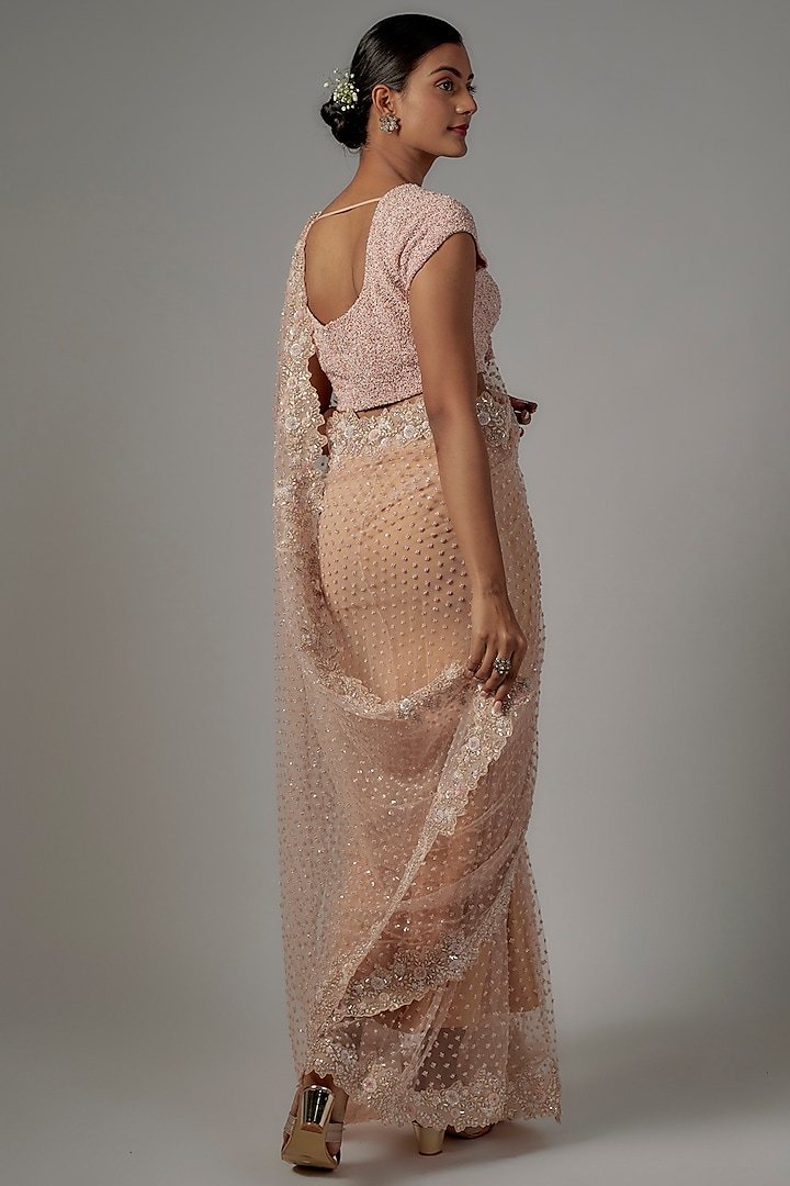 Peach Net & Viscose Embroidered Reception Saree Set by COUTURE BY NIHARIKA at Pernia's Pop Up Shop