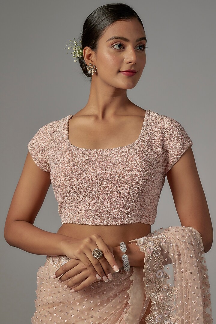 Peach Net & Viscose Embroidered Reception Saree Set by COUTURE BY NIHARIKA at Pernia's Pop Up Shop