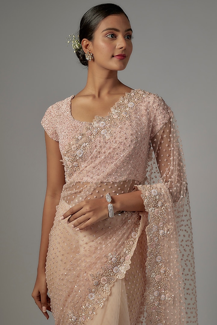 Peach Net & Viscose Embroidered Reception Saree Set by COUTURE BY NIHARIKA at Pernia's Pop Up Shop