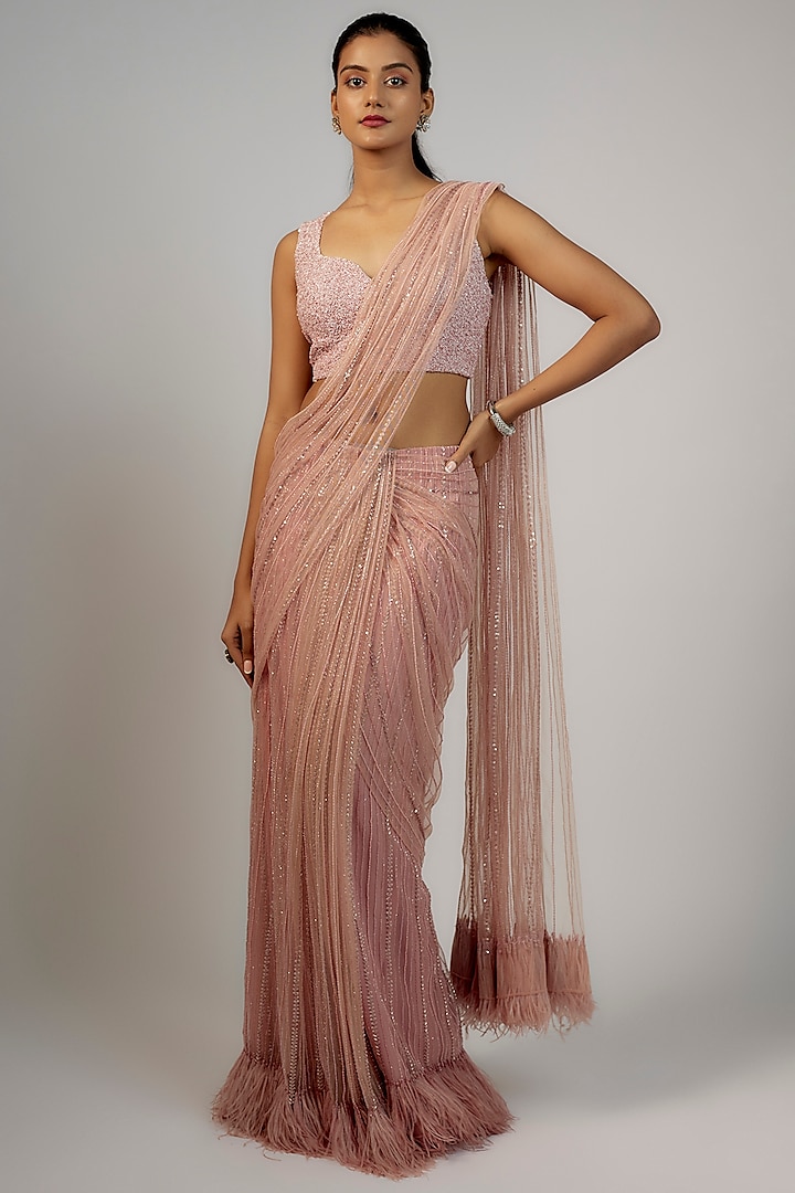 Blush Pink Net & Viscose Embellished Saree Set by COUTURE BY NIHARIKA at Pernia's Pop Up Shop