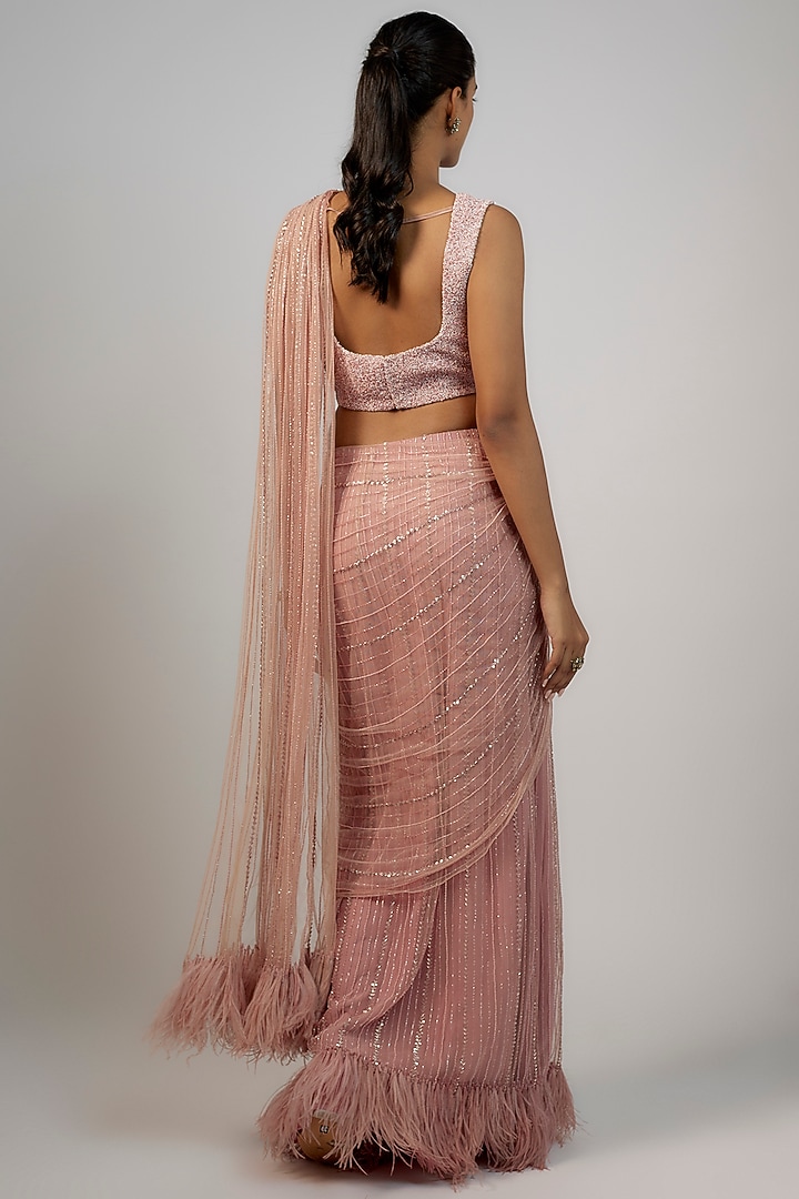 Blush Pink Net & Viscose Embellished Reception Saree Set by COUTURE BY NIHARIKA at Pernia's Pop Up Shop