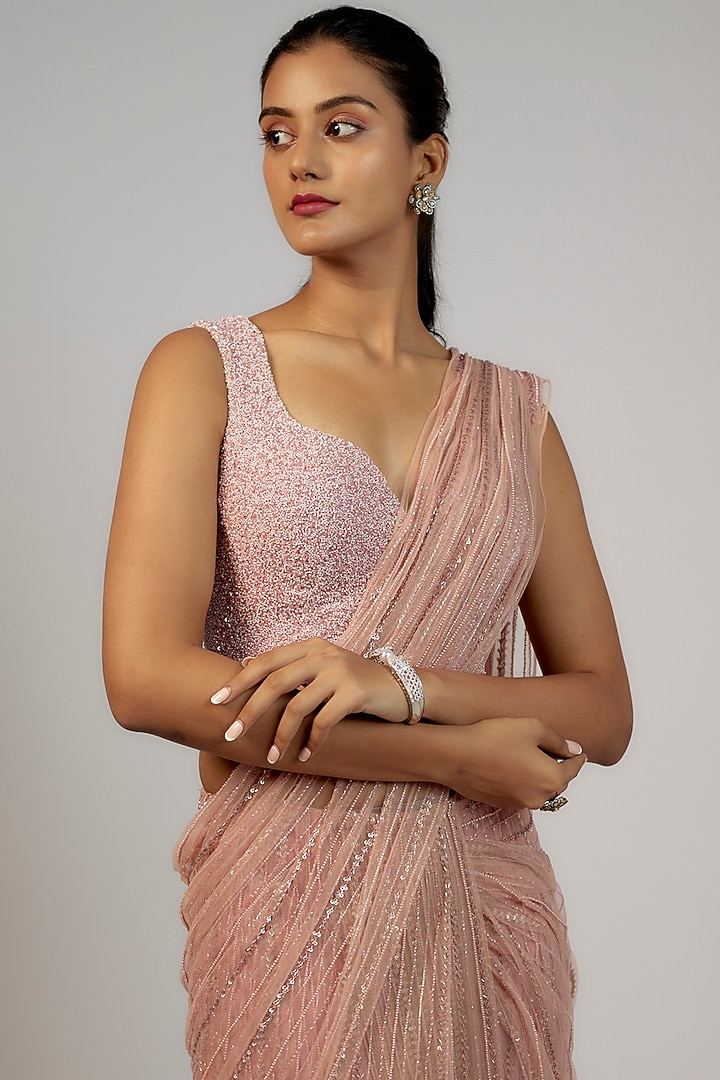 Blush Pink Net & Viscose Embellished Reception Saree Set by COUTURE BY NIHARIKA at Pernia's Pop Up Shop