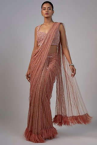 Rust Orange Net & Viscose Embellished Saree Set by COUTURE BY NIHARIKA