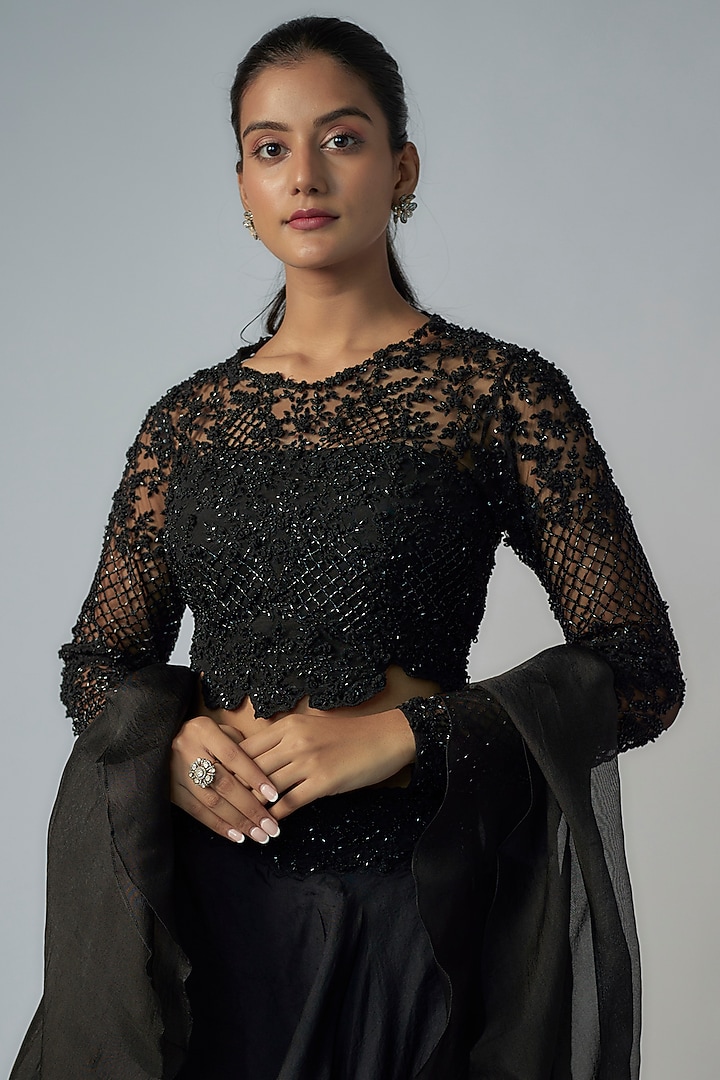 Black Net & Organza Wedding Lehenga Set by COUTURE BY NIHARIKA at Pernia's Pop Up Shop