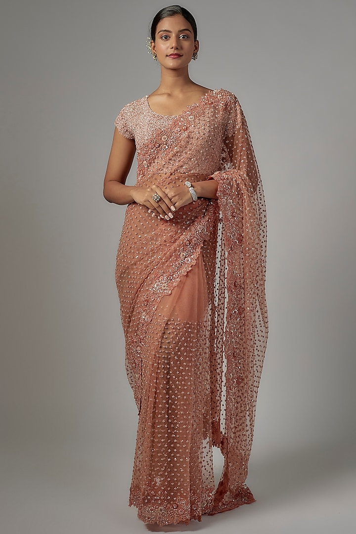 Rust Orange Net & Viscose Embroidered Saree Set by COUTURE BY NIHARIKA