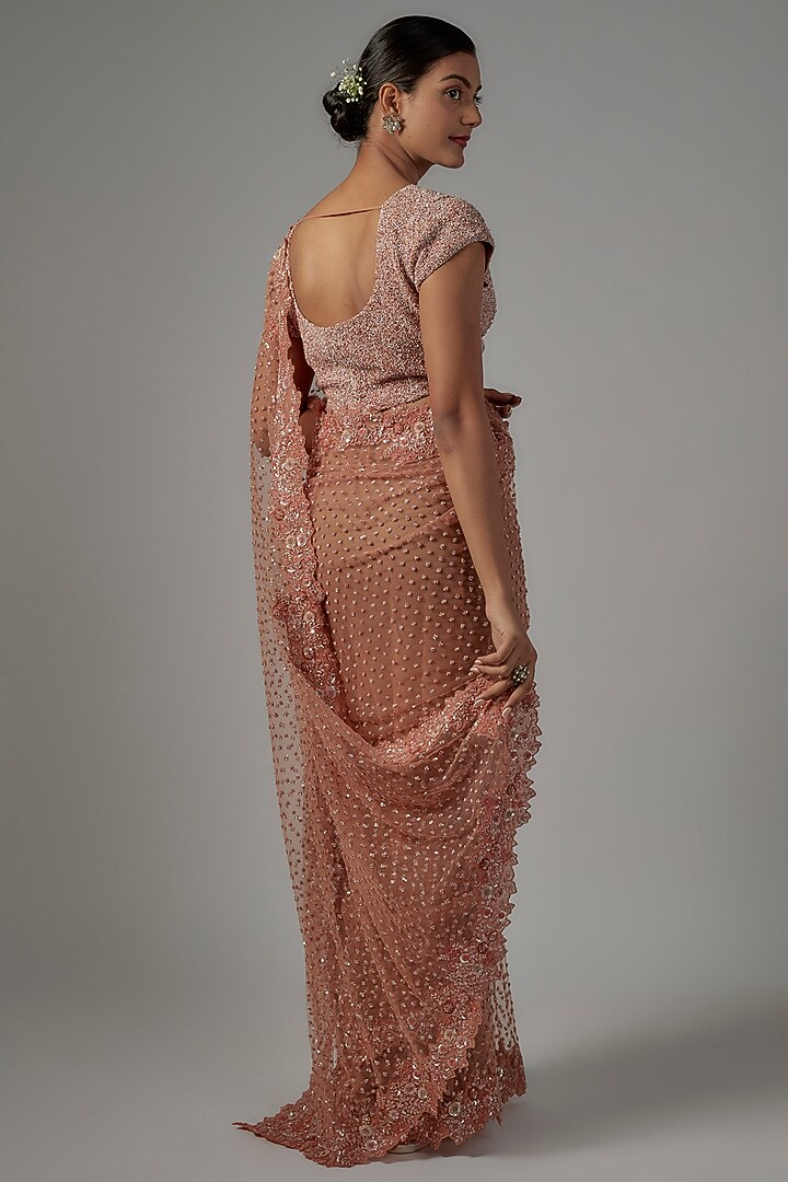 Rust Orange Net & Viscose Embroidered Reception Saree Set by COUTURE BY NIHARIKA at Pernia's Pop Up Shop