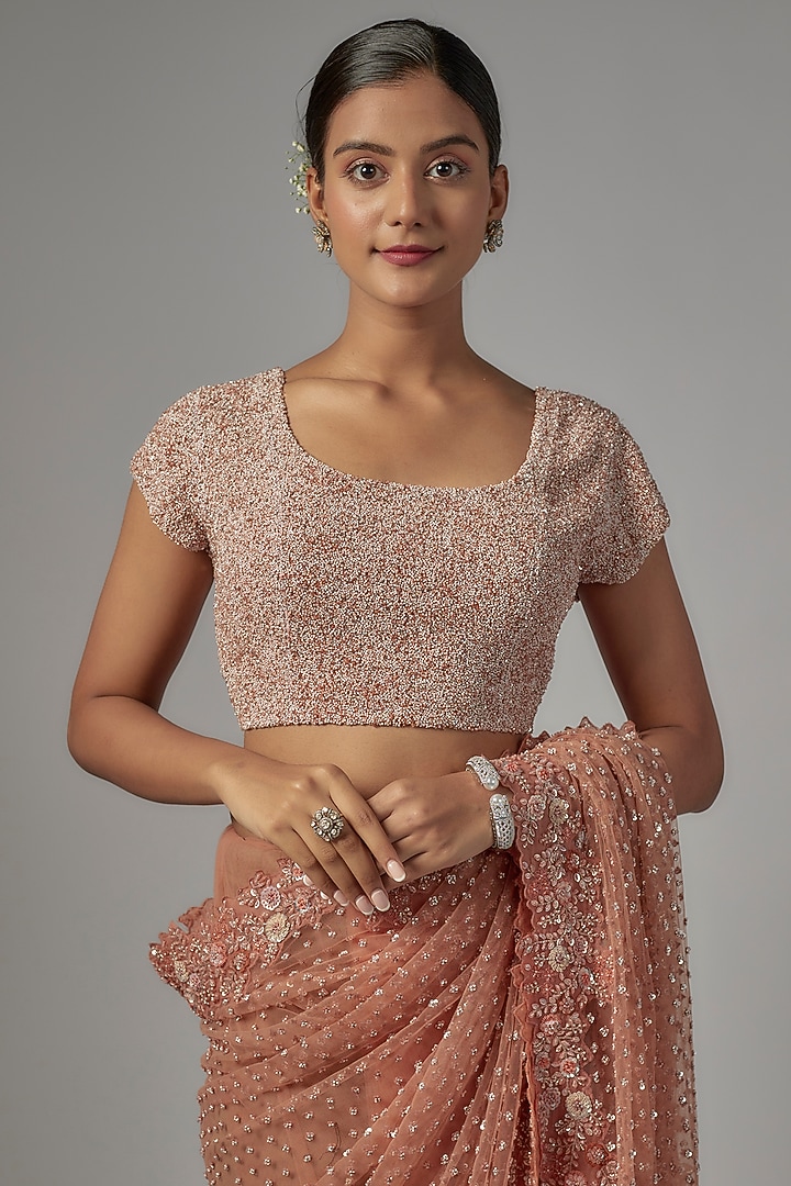 Rust Orange Net & Viscose Embroidered Reception Saree Set by COUTURE BY NIHARIKA at Pernia's Pop Up Shop