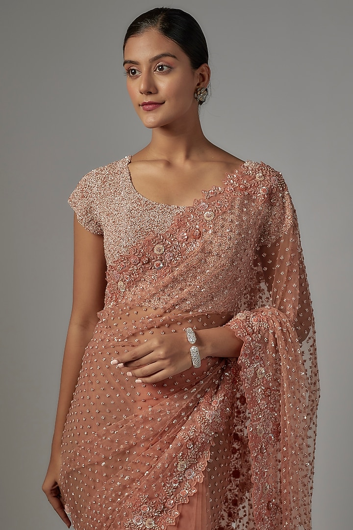 Rust Orange Net & Viscose Embroidered Reception Saree Set by COUTURE BY NIHARIKA at Pernia's Pop Up Shop