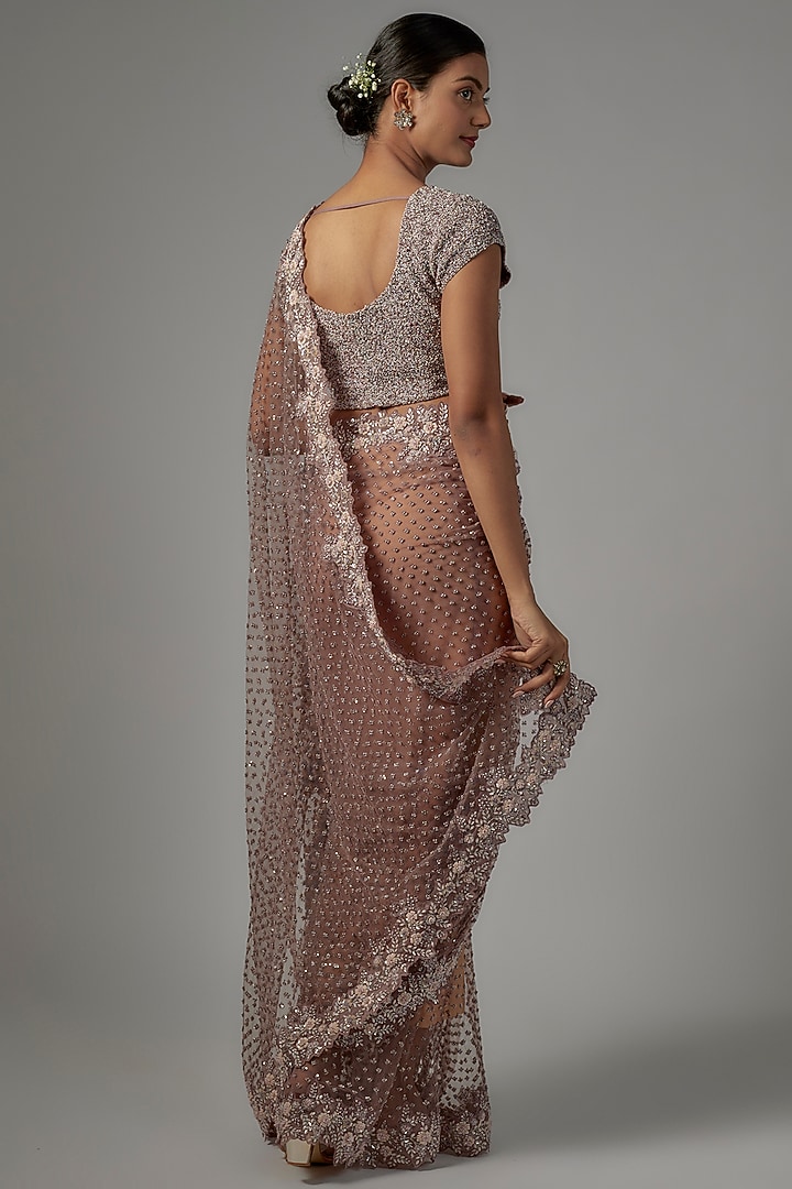 Dusty Purple Orange Net & Viscose Embroidered Reception Saree Set by COUTURE BY NIHARIKA at Pernia's Pop Up Shop