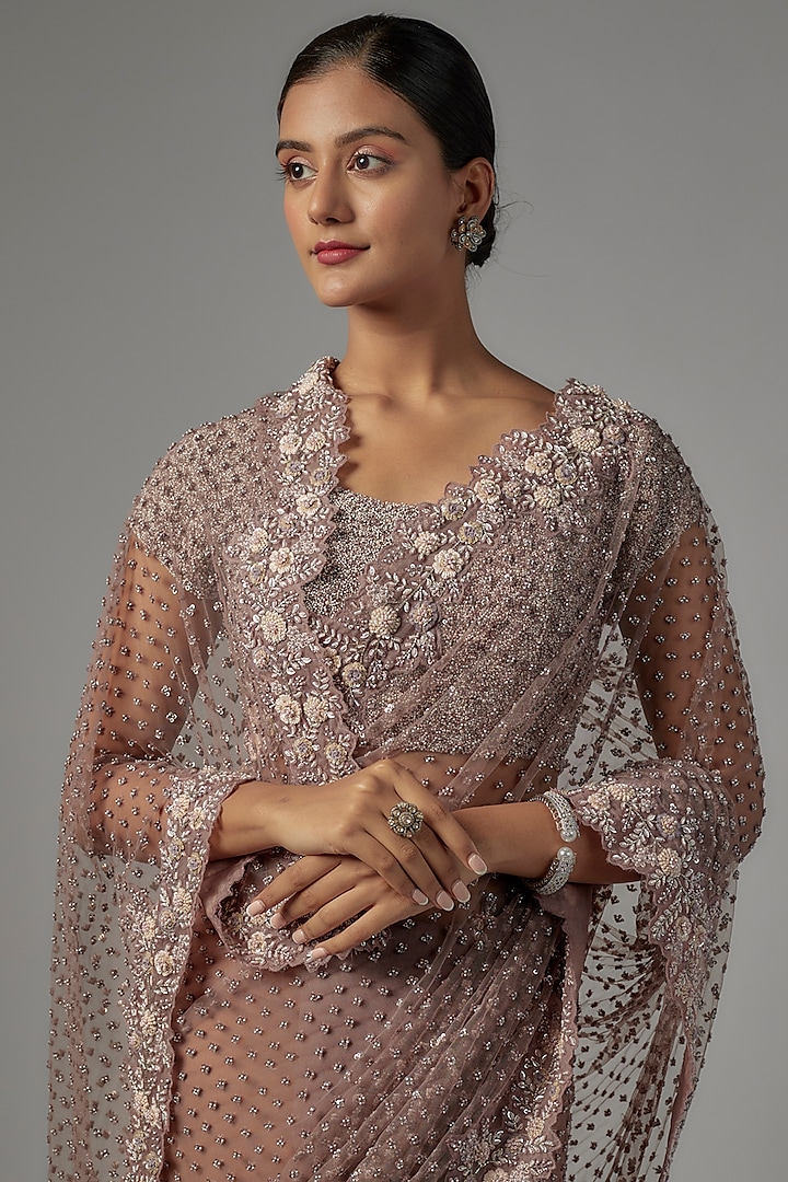 Dusty Purple Orange Net & Viscose Embroidered Reception Saree Set by COUTURE BY NIHARIKA at Pernia's Pop Up Shop