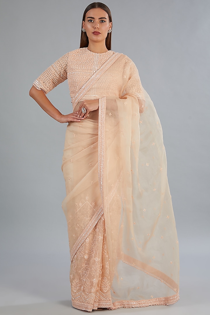Peach Net Motifs Embroidered Saree Set by COUTURE BY NIHARIKA