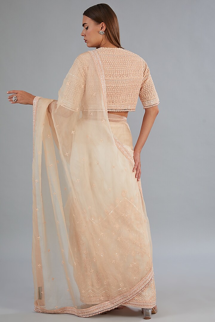Peach Net Motifs Embroidered Reception Saree Set by COUTURE BY NIHARIKA at Pernia's Pop Up Shop