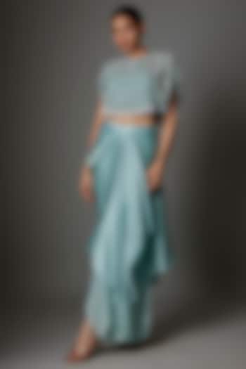 Aqua Blue Satin Skirt Cape Set by COUTURE BY NIHARIKA