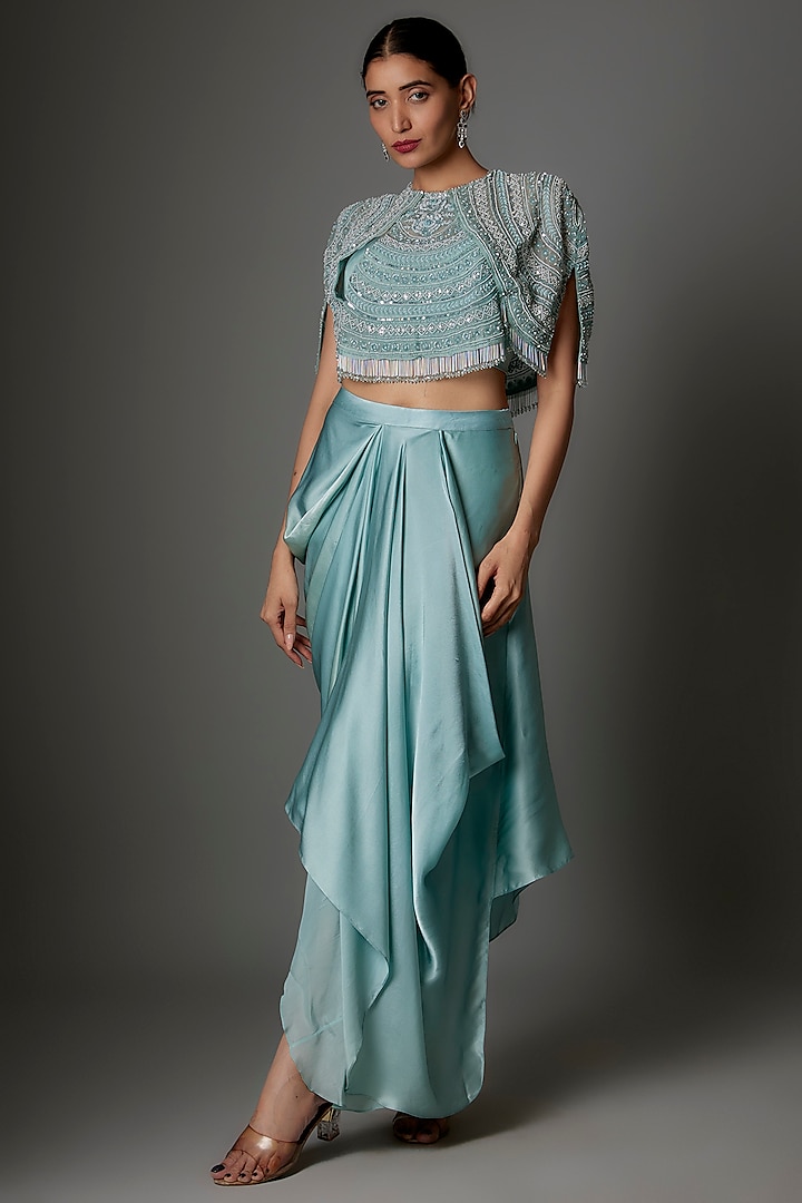 Aqua Blue Satin Skirt Cape Set by COUTURE BY NIHARIKA