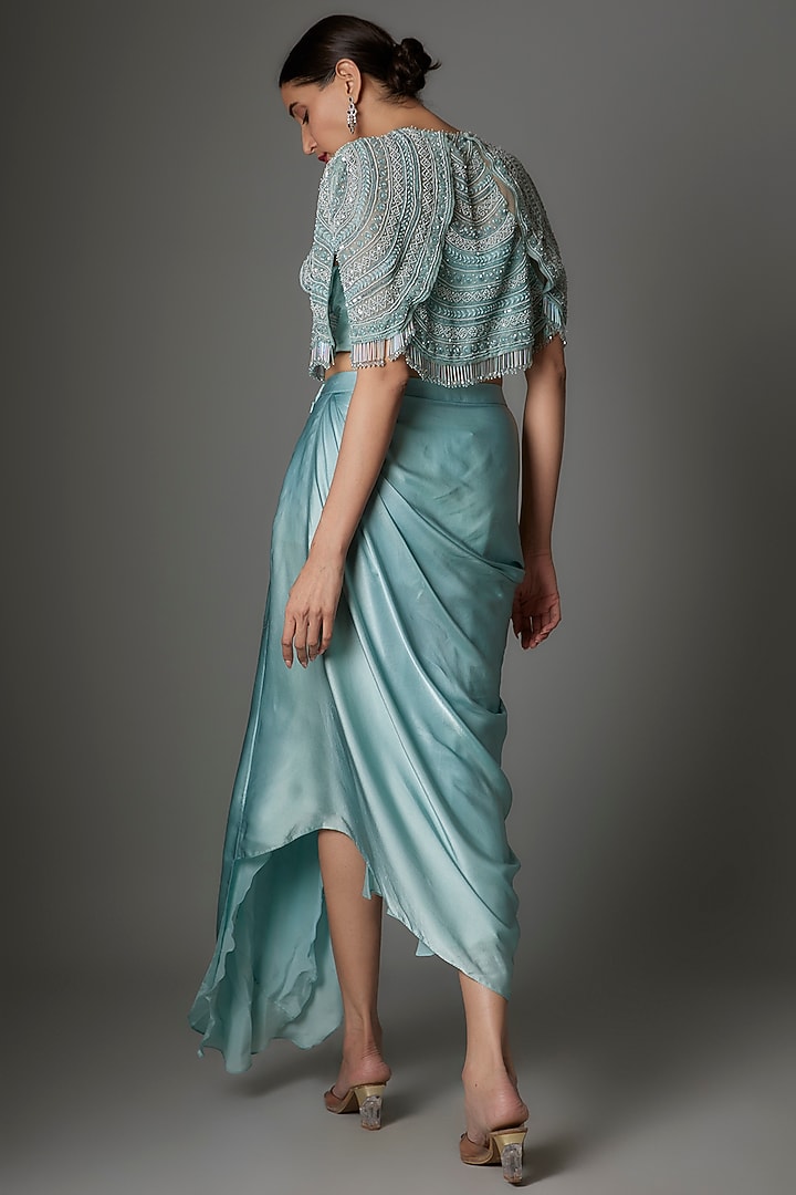 Aqua Blue Satin Skirt Cape Set by COUTURE BY NIHARIKA at Pernia's Pop Up Shop