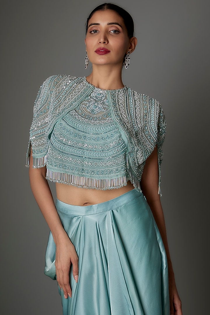 Aqua Blue Satin Skirt Cape Set by COUTURE BY NIHARIKA at Pernia's Pop Up Shop