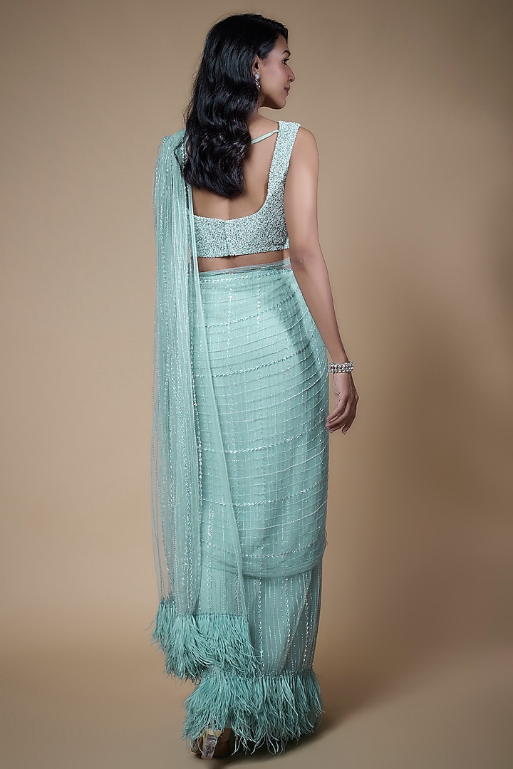 Powder Blue Net & Viscose Feather Embellished Reception Saree Set by COUTURE BY NIHARIKA at Pernia's Pop Up Shop