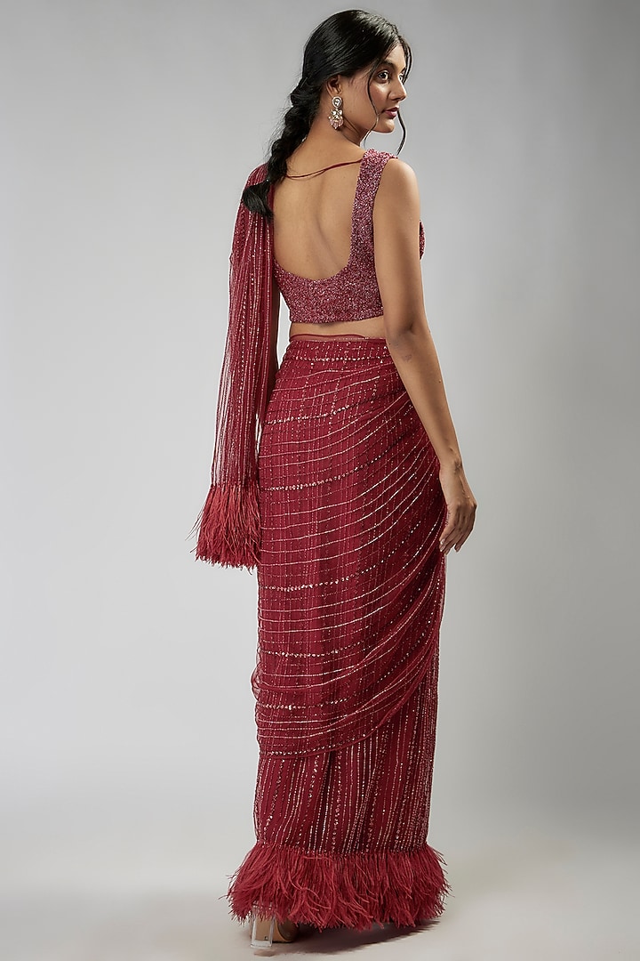 Red Net & Viscose Embroidered Reception Saree Set by COUTURE BY NIHARIKA at Pernia's Pop Up Shop