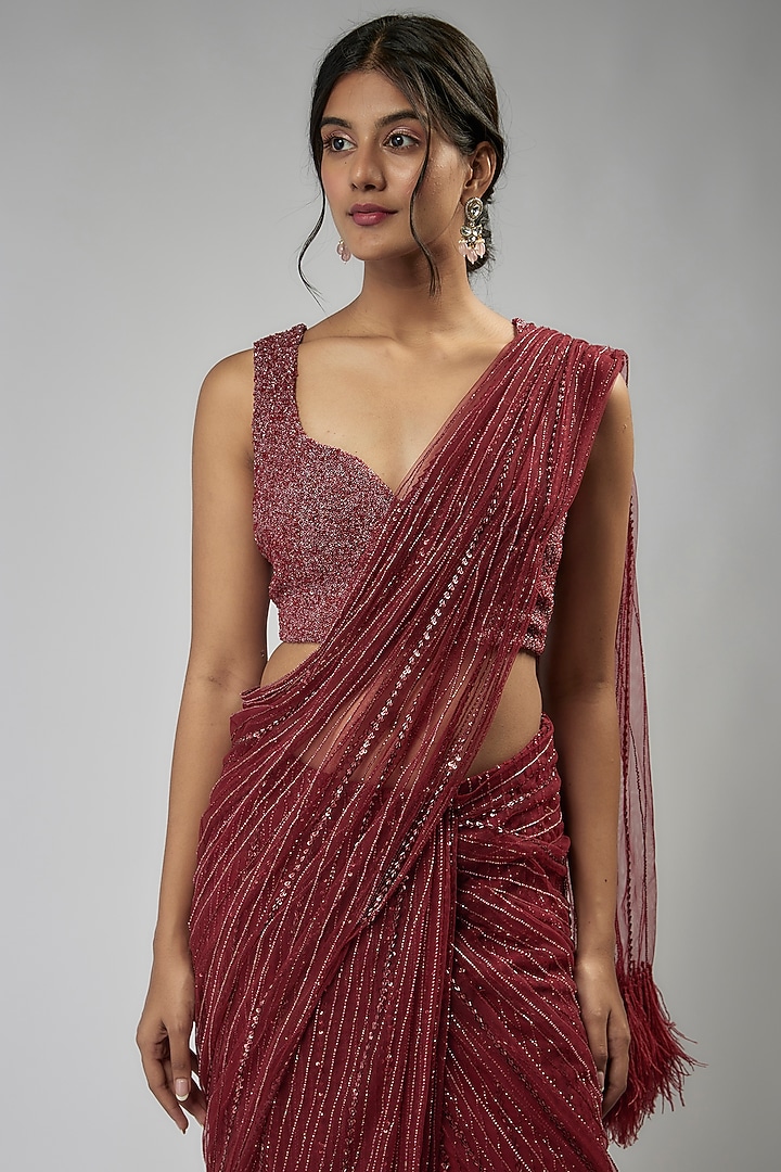 Red Net & Viscose Embroidered Reception Saree Set by COUTURE BY NIHARIKA at Pernia's Pop Up Shop