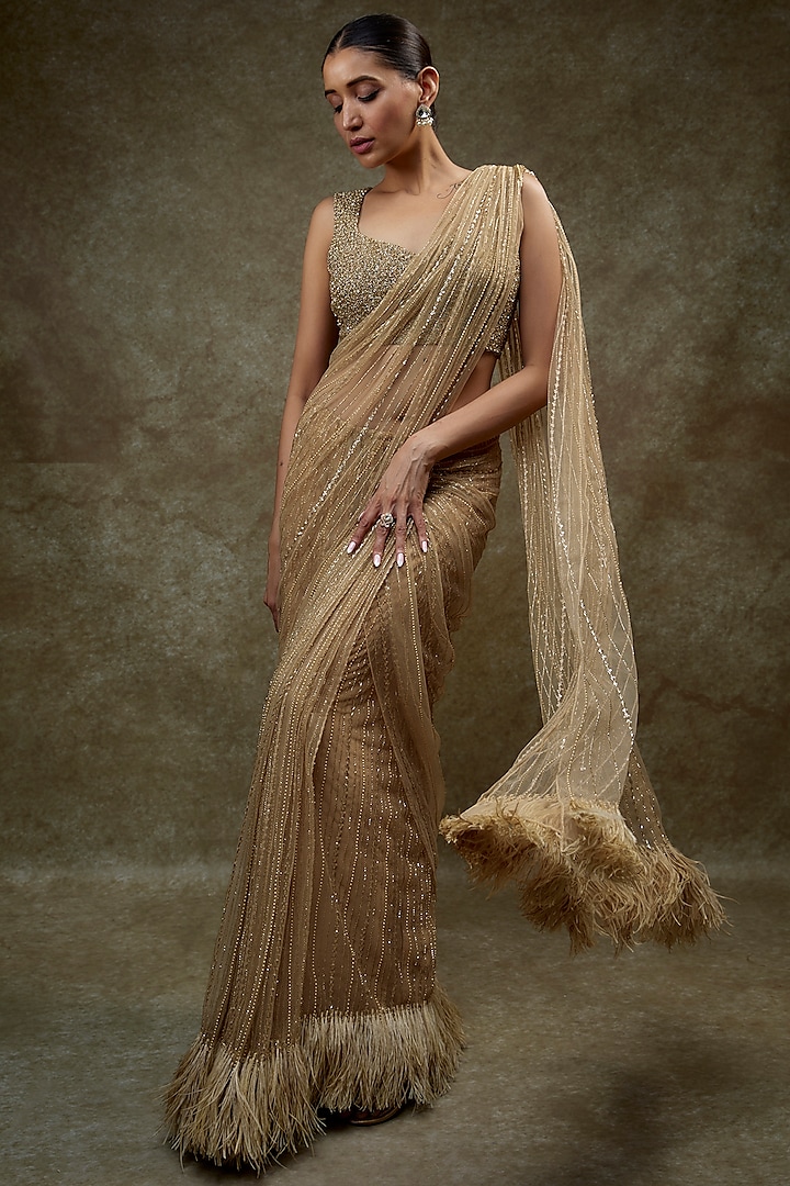 Gold Organza Embellished Saree Set by COUTURE BY NIHARIKA