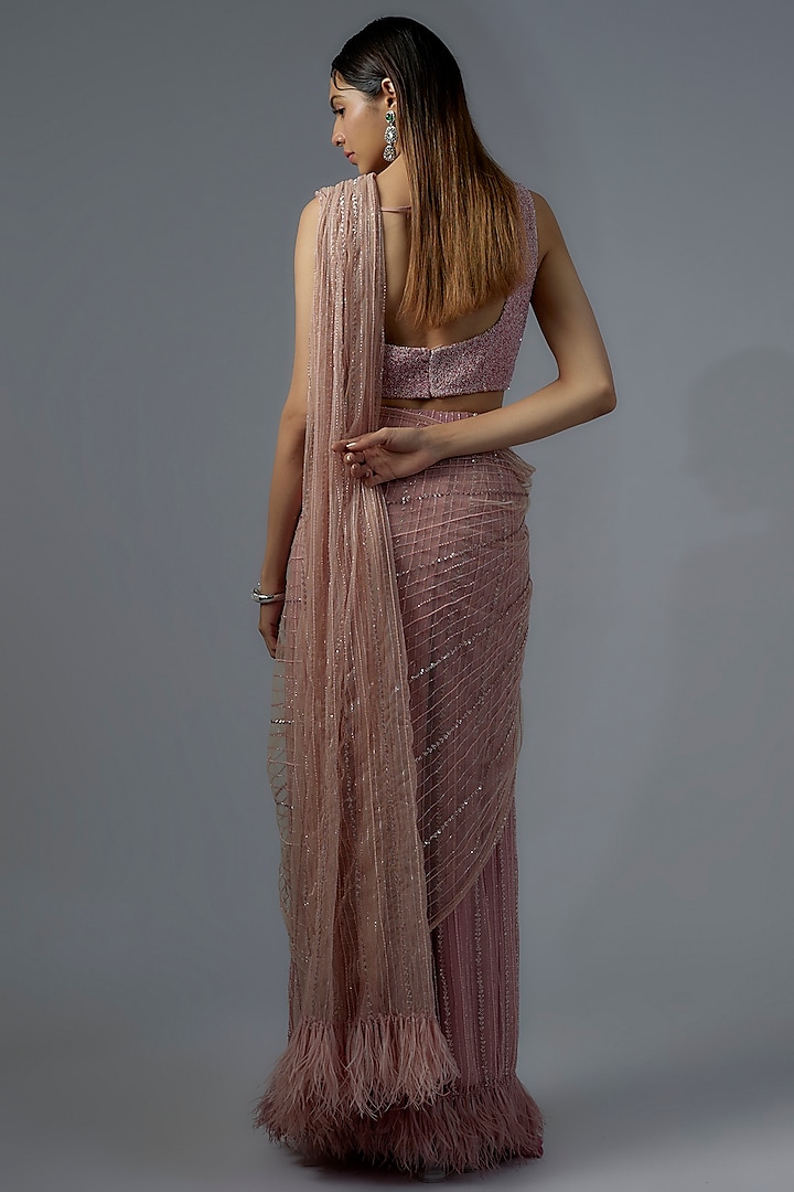 Blush Pink Net & Viscose Feather Embellished Reception Saree Set by COUTURE BY NIHARIKA at Pernia's Pop Up Shop