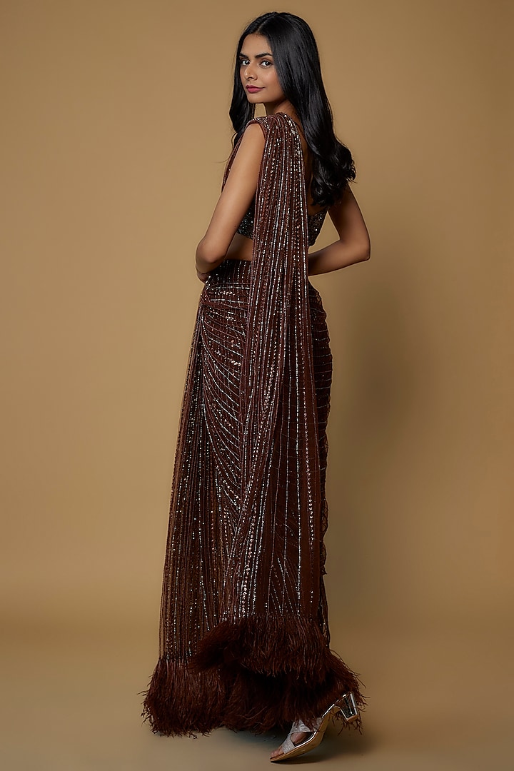 Brown Net Embroidered Reception Saree Set by COUTURE BY NIHARIKA at Pernia's Pop Up Shop