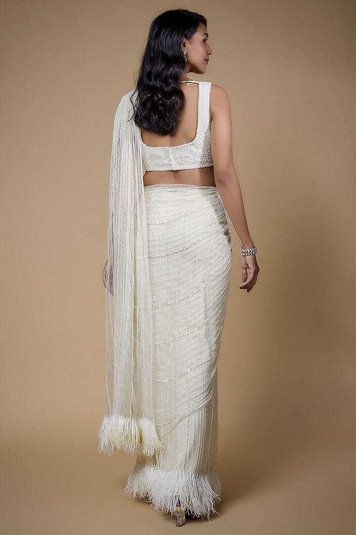 White Net & Viscose Embellished Reception Saree Set by COUTURE BY NIHARIKA at Pernia's Pop Up Shop