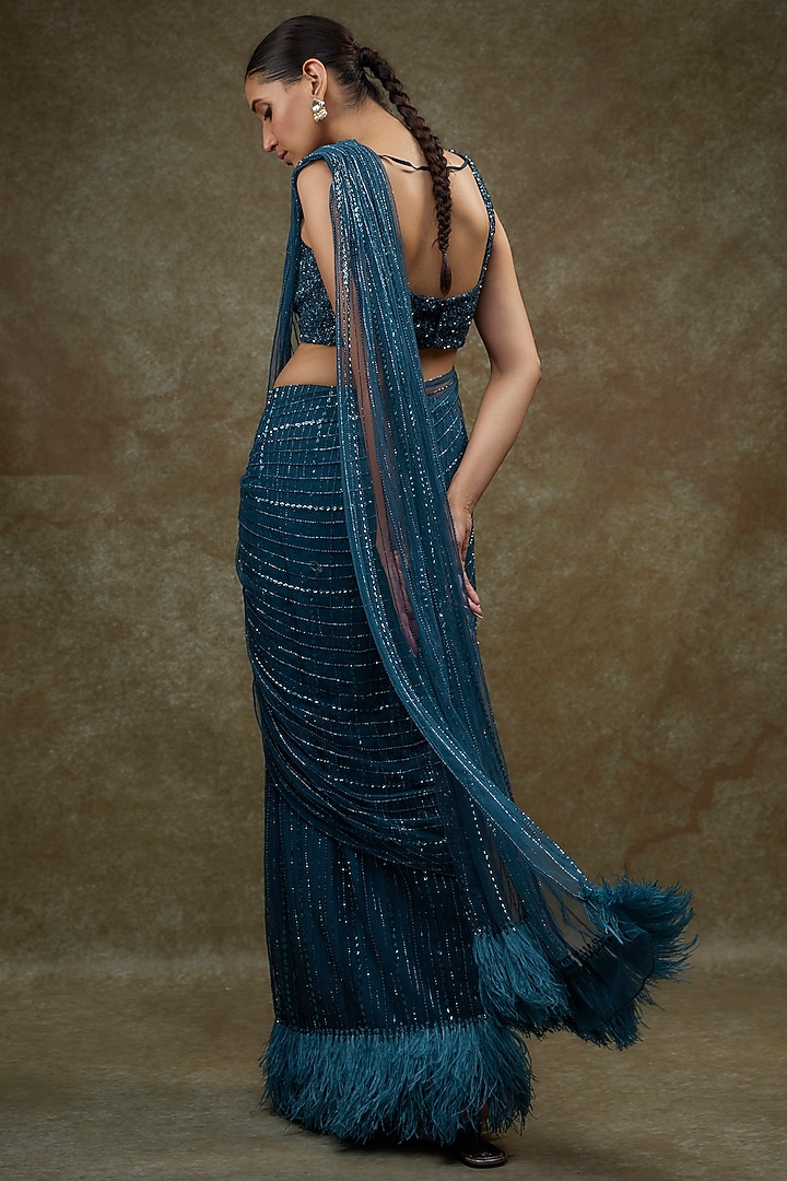 Navy Blue Organza Feather Embellished Reception Saree Set by COUTURE BY NIHARIKA at Pernia's Pop Up Shop