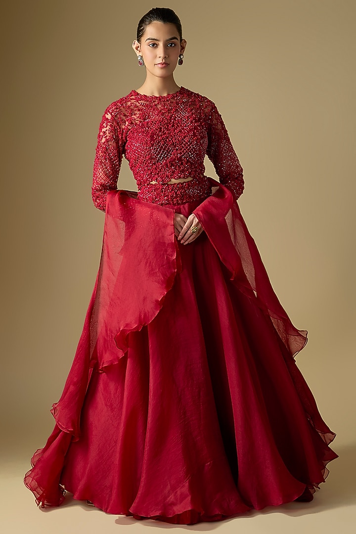 Red Net Wedding Lehenga Set by COUTURE BY NIHARIKA at Pernia's Pop Up Shop