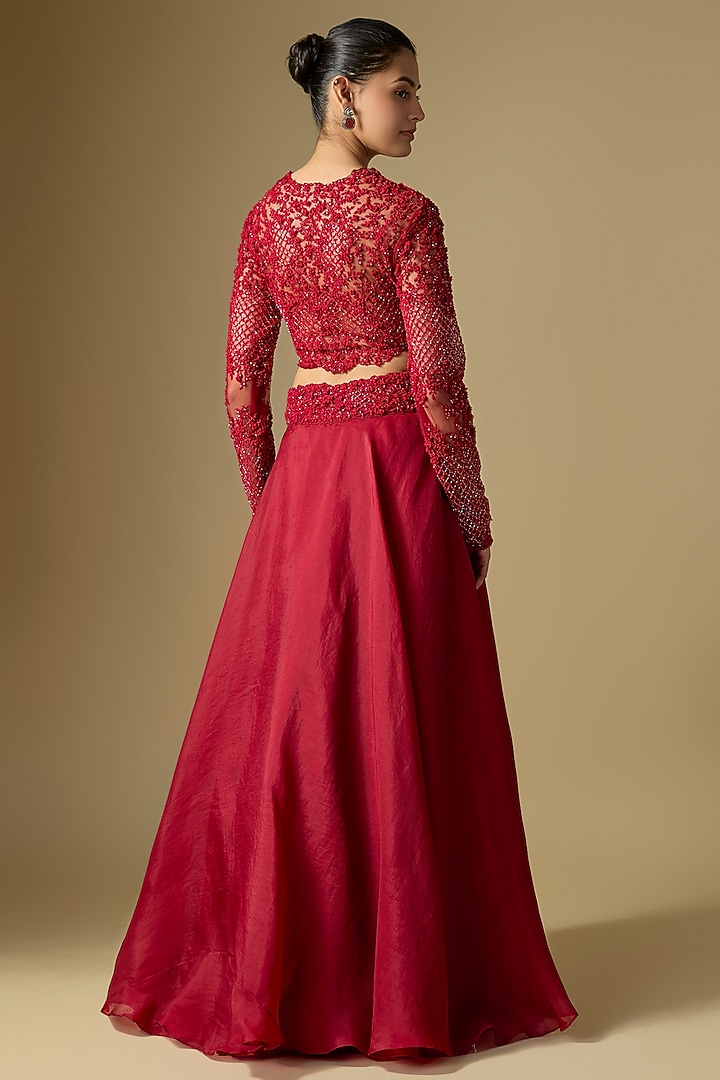 Red Net Wedding Lehenga Set by COUTURE BY NIHARIKA at Pernia's Pop Up Shop