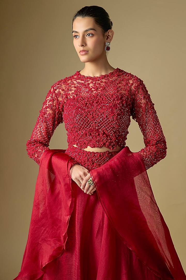 Red Net Wedding Lehenga Set by COUTURE BY NIHARIKA at Pernia's Pop Up Shop