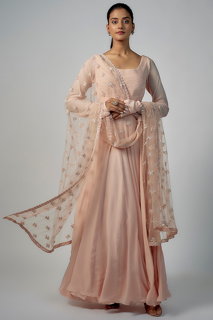 Peach Flat Chiffon & Net Gown With Dupatta by COUTURE BY NIHARIKA
