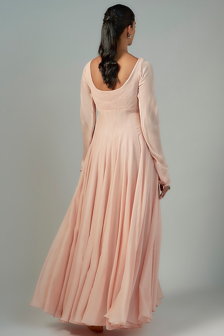 Peach Flat Chiffon & Net Engagement Gown With Dupatta by COUTURE BY NIHARIKA at Pernia's Pop Up Shop