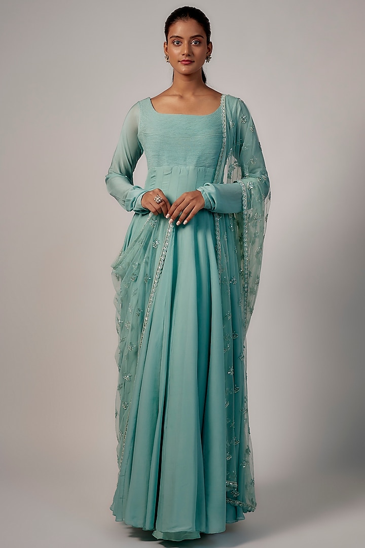 Aqua Blue Flat Chiffon & Net Gown With Dupatta by COUTURE BY NIHARIKA at Pernia's Pop Up Shop