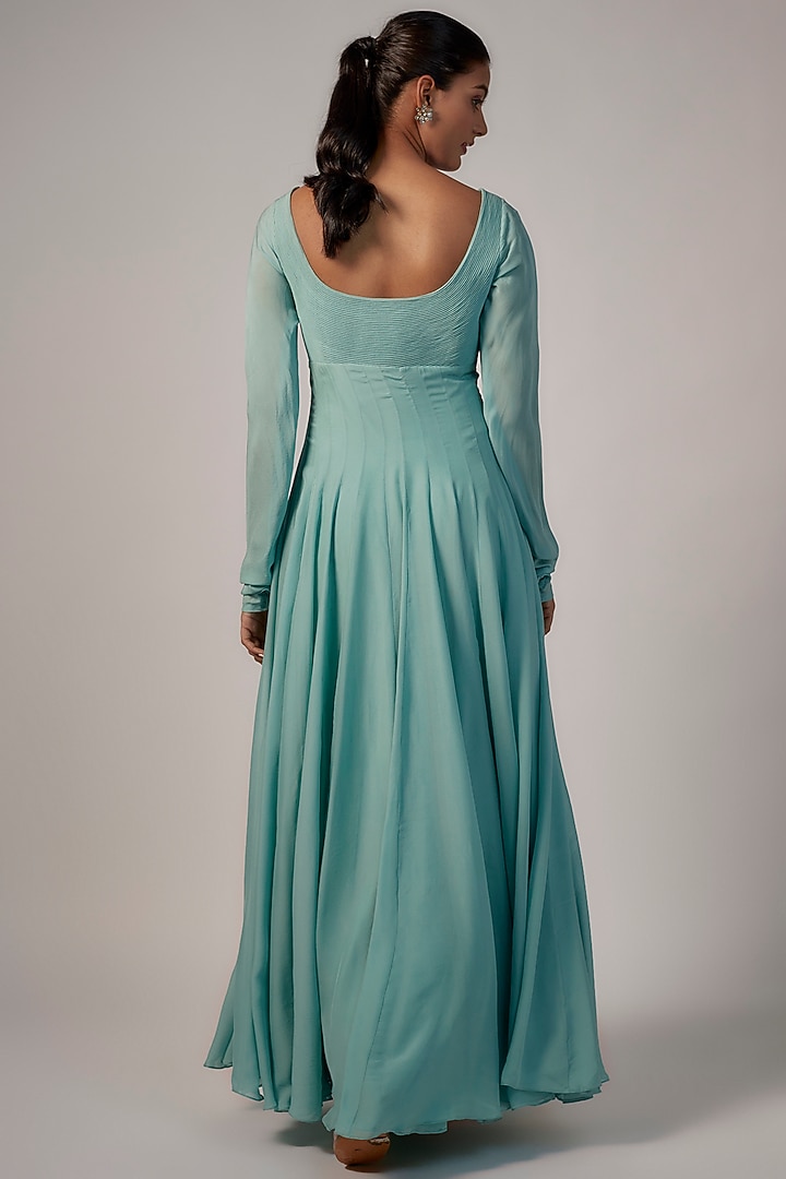 Aqua Blue Flat Chiffon & Net Engagement Gown With Dupatta by COUTURE BY NIHARIKA at Pernia's Pop Up Shop