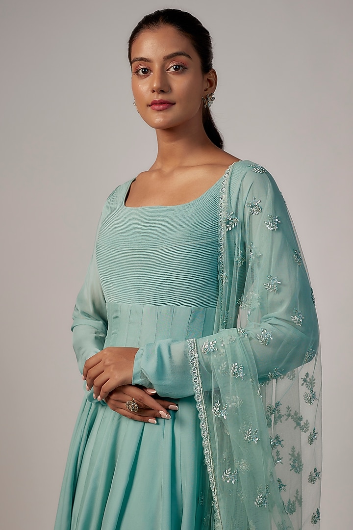 Aqua Blue Flat Chiffon & Net Gown With Dupatta Design by COUTURE BY NIHARIKA at Pernia's Pop Up Shop 2026 Aqua Blue Flat Chiffon & Net Gown With Dupatta Design by COUTURE BY NIHARIKA at Pernia's Pop Up Shop 2026