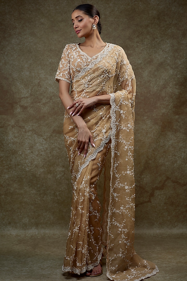 Beige Organza Embroidered Saree Set by COUTURE BY NIHARIKA